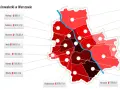 Mapa Warszawy z zaznaczonymi cenami wynajmu kawalerek. Ceny mieszkań Warszawa dzielnice różnią się, np. Mokotów 1982,19 zł, a Rembertów 1216,67 zł.