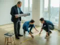 Mężczyzna z planami w ręku obserwuje dwóch młodych ludzi mierzących podłogę. To może być początek planowania mieszkania za odstępne na czas nieokreślony.
