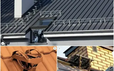 Elementy zabezpieczające przed poślizgiem na dachu, ułatwiające papowanie i konserwację. Widoczne stopnie i ławy kominiarskie.