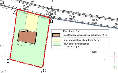 Plan działki z zaznaczonym budynkiem i nawierzchniami. Wz co to? To schemat pokazujący powierzchnię zabudowy, utwardzoną i czynną biologicznie.