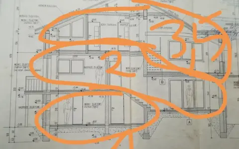 Przekrój budynku, gdzie kondygnacja podziemna definicja jest widoczna na dole, z fundamentami i piwnicą.