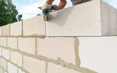Budowanie ściany z bloczków betonowych. Ręka w rękawicy nakłada zaprawę na kolejny element.