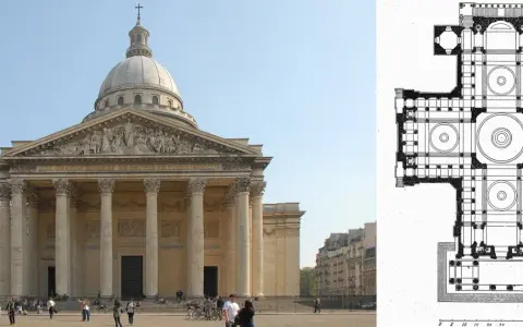 Monumentalny Panteon w Paryżu, przykład klasycystycznego stylu w architekturze, obok jego planu.