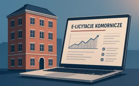 Domy wystawione na licytacje przez komornika. Na ekranie laptopa widnieje napis "E-licytacje komornicze" i wykres wzrostu.