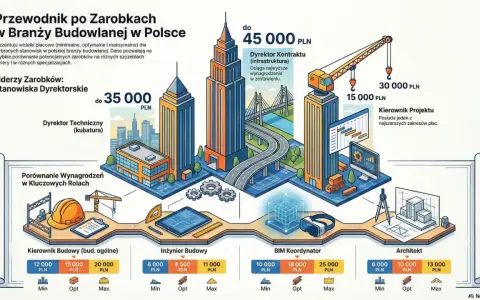 Kierownik budowy zarabia od 12 000 do 20 000 PLN. Infografika porównuje zarobki w branży budowlanej.