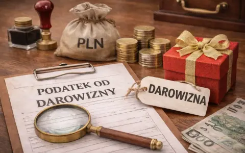 Dokument "Podatek od darowizny" obok prezentu, monet i pieniędzy. Sprawdź, ile wynosi podatek od darowizny.