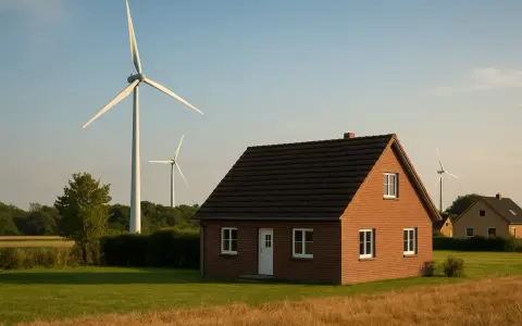 Domy w otoczeniu pól i wiatraków, symbolizujące nowe możliwości dzięki ustawie wiatrakowej.