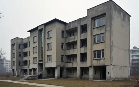Szary blok mieszkalny z balkonami i dużymi oknami, typowy przykład architektury PRL.